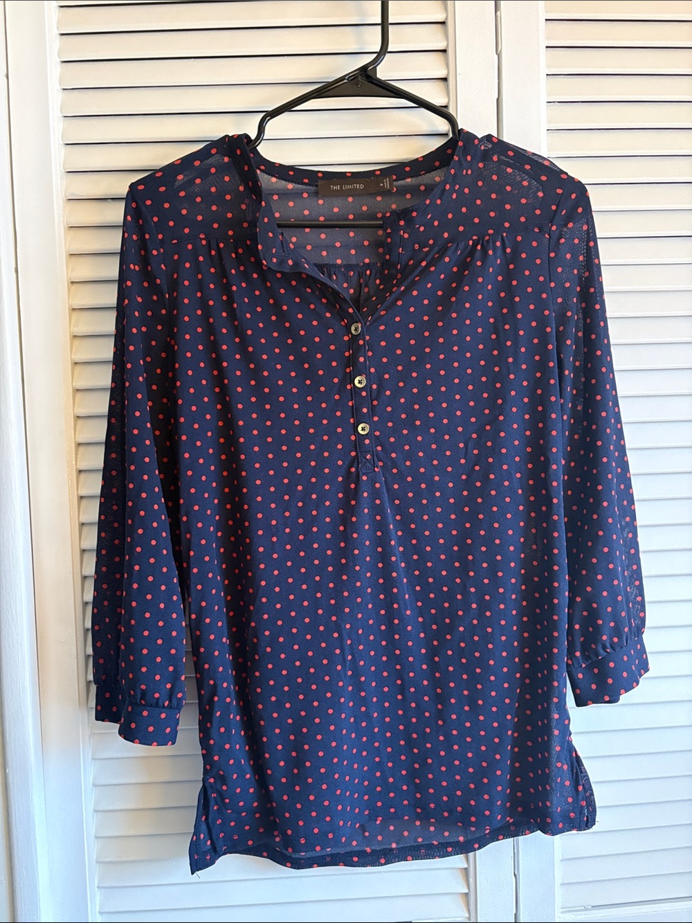 The Limited Navy Blue Blouse with Red Polka Dots